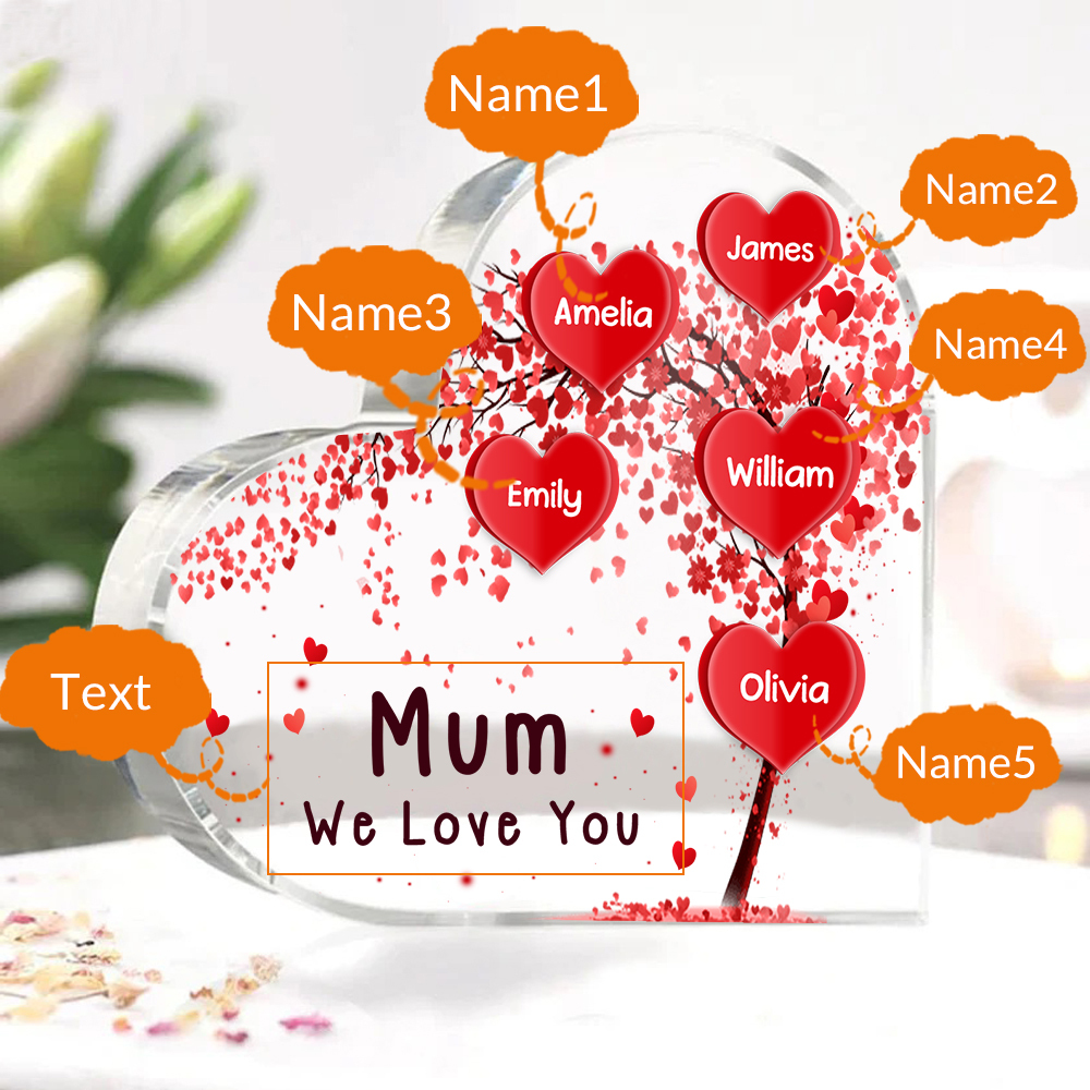 5 Names - Personalised Acrylic Heart Keepsake Custom Text Red Tree Ornaments Gifts for Grandma/Mother-Jessemade AU