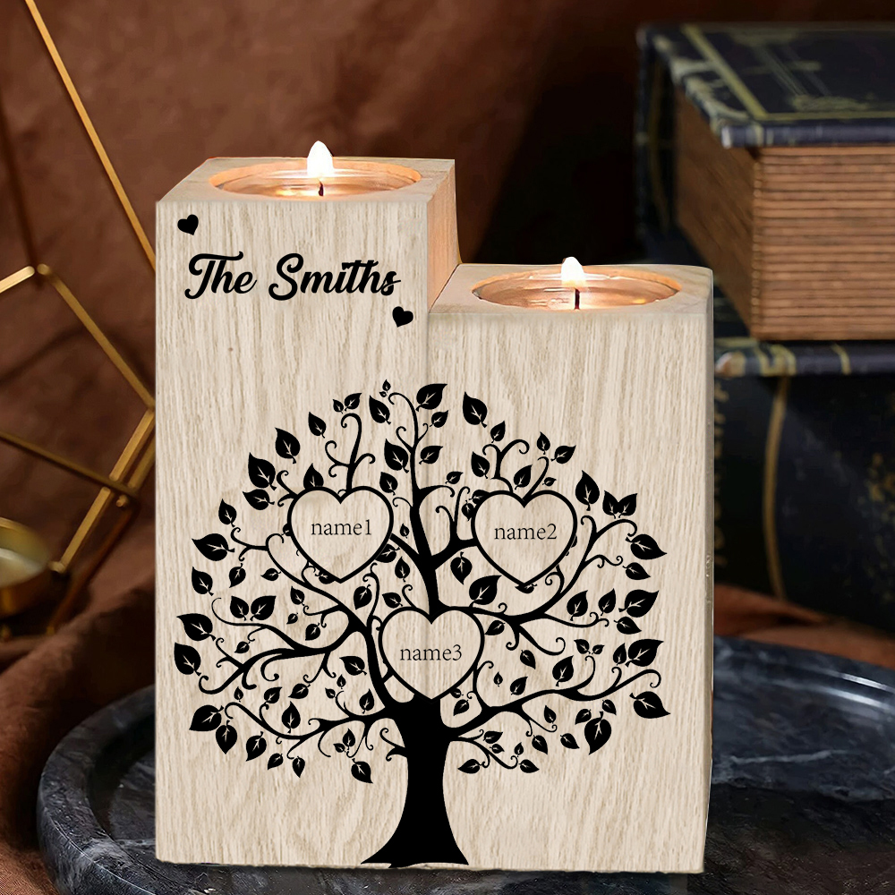Family Name Wooden Heart Candle Holder Custom 3 Names Family Tree Candlesticks-Jessemade AU