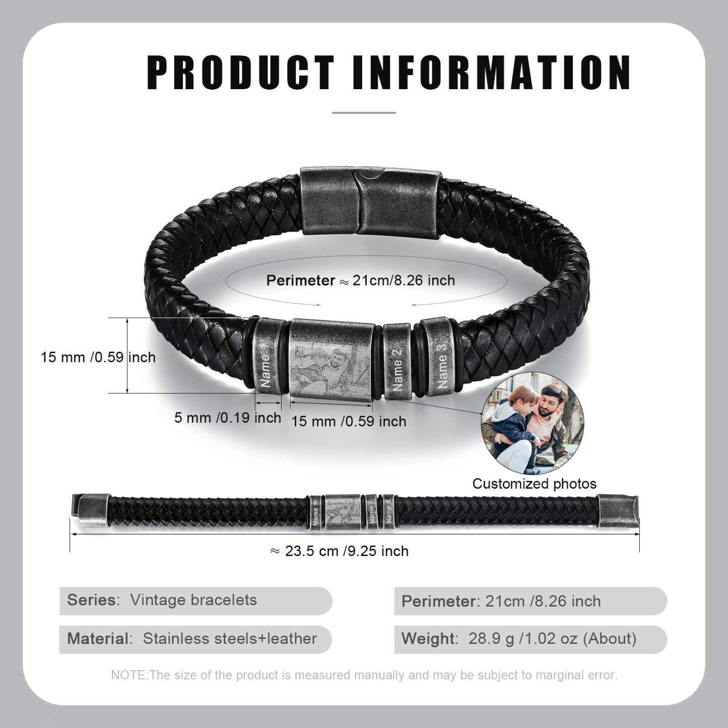 3 Names - Personalised Men's Leather Braided Bracelet Customised Name & Photo Bracelet Vintage Gift for Him-Jessemade AU