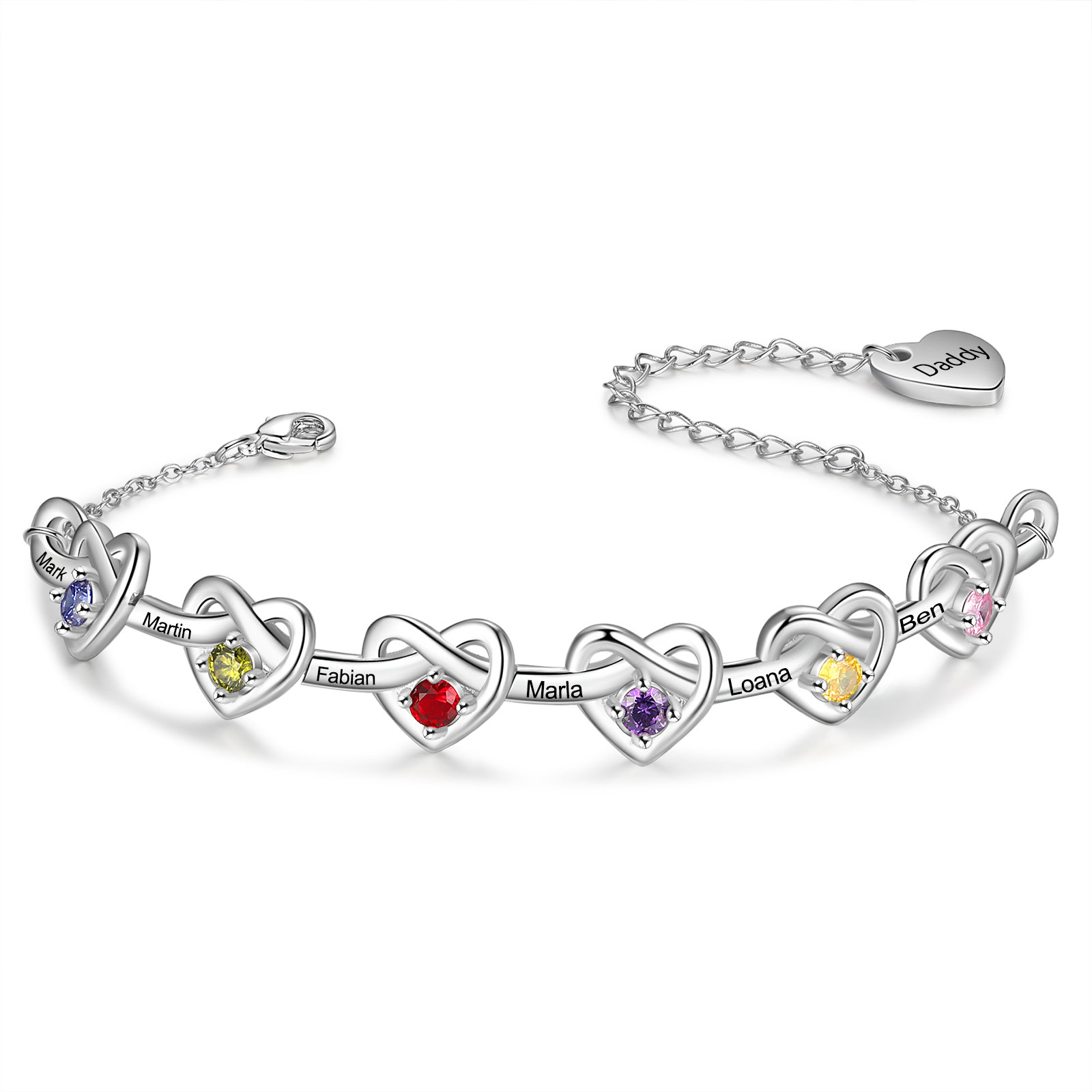 6 Names - Personalised Linked Heart Bracelet Custom Names & Birthstones & Text Bracelets Birthday Gift For Her