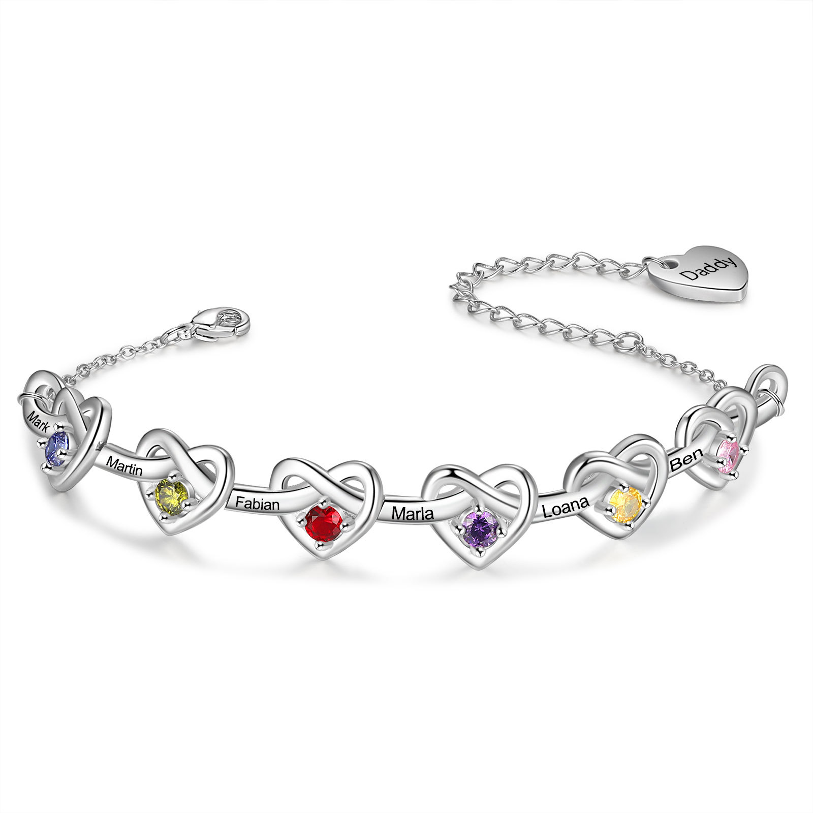 3 Colours Available Personalised Linked Heart Bracelet with 6 Custom Names Birthstones & Text Perfect Birthday Gift for Her