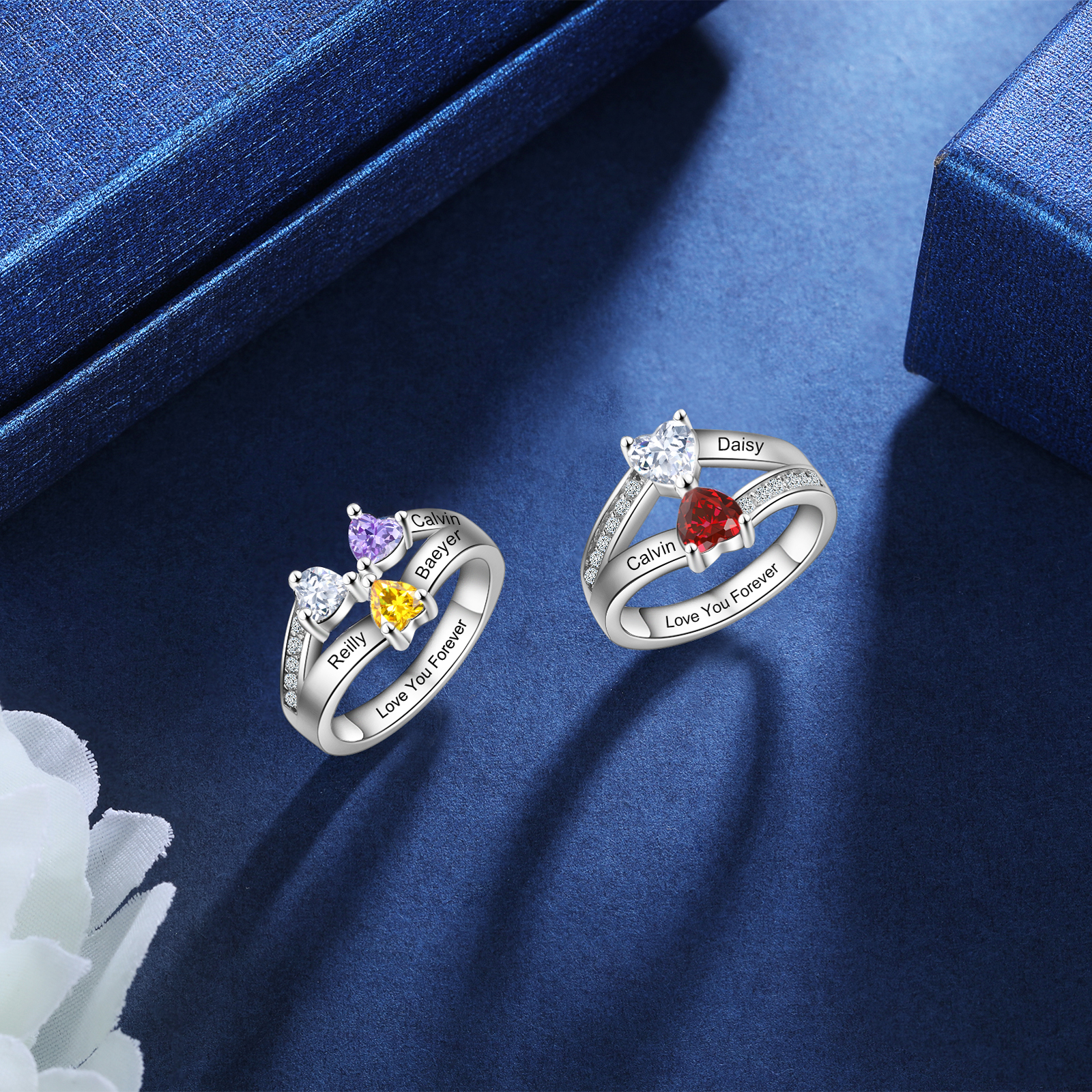 Personalised Birthstone Mother Ring Engraved 2 Names Birthstones Ring Gifts for Women-Jessemade AU