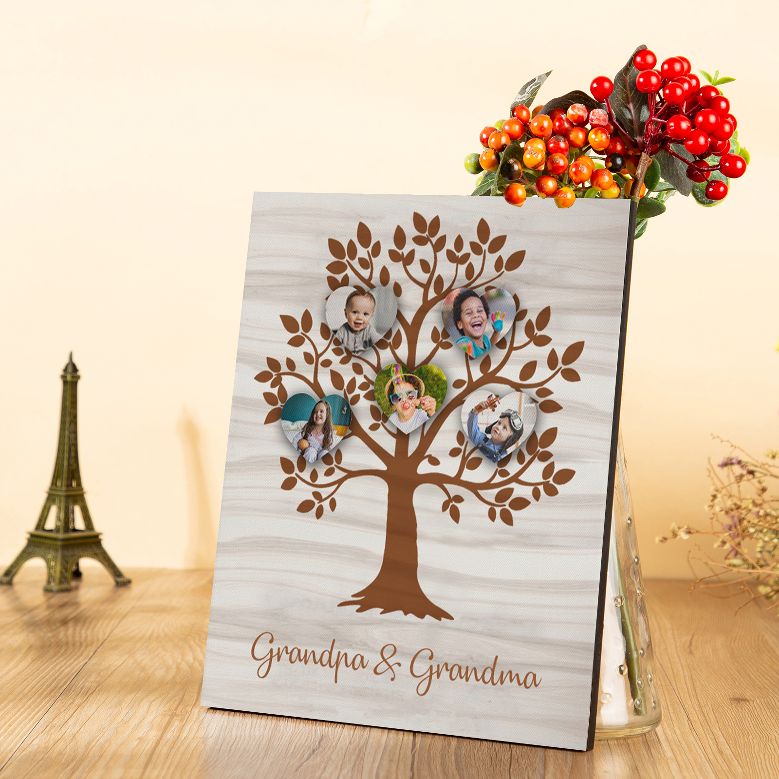 Personalised Photo Family Tree Wood Signs Engrave 5 Photos Frame-Jessemade AU