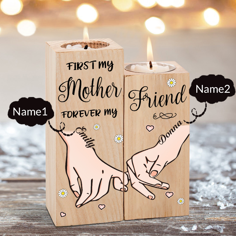 Personalised 2 Names Candle Holder Wooden Candlestick Gifts For Mother - First My Mother, Forever My Friend-Jessemade AU