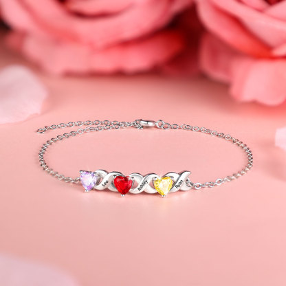 Personalised Bracelet With 3 Heart Birthstones Engraved Names Bracelet Gift For Women-Jessemade AU