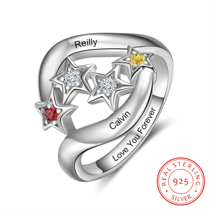 Personalised Star Ring With 2 Birthstones Engraved Names Ring Gift For Women-Jessemade AU