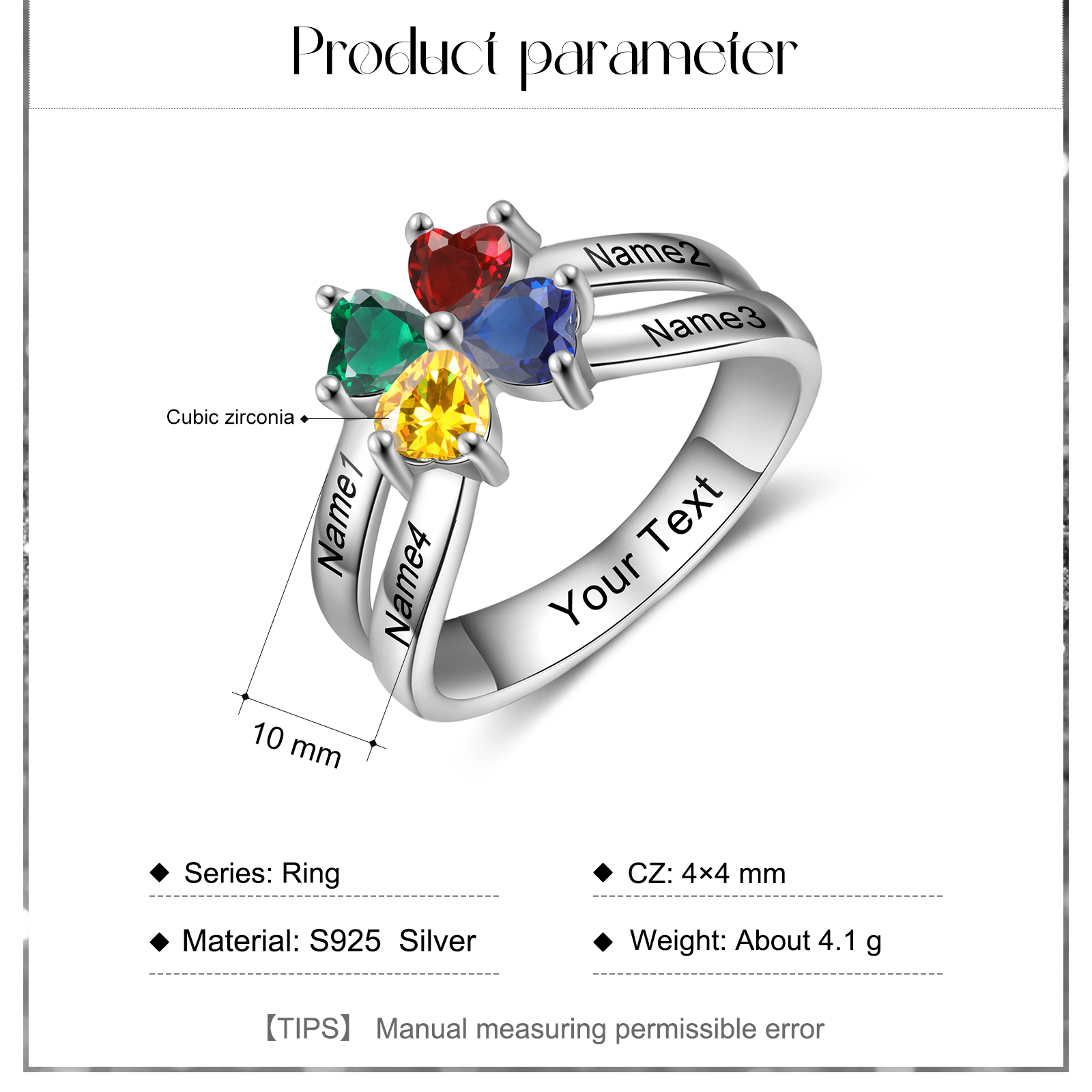 Personalised Ring With 4 Birthstones Engraved Names Ring Best Gift For Women-Jessemade AU