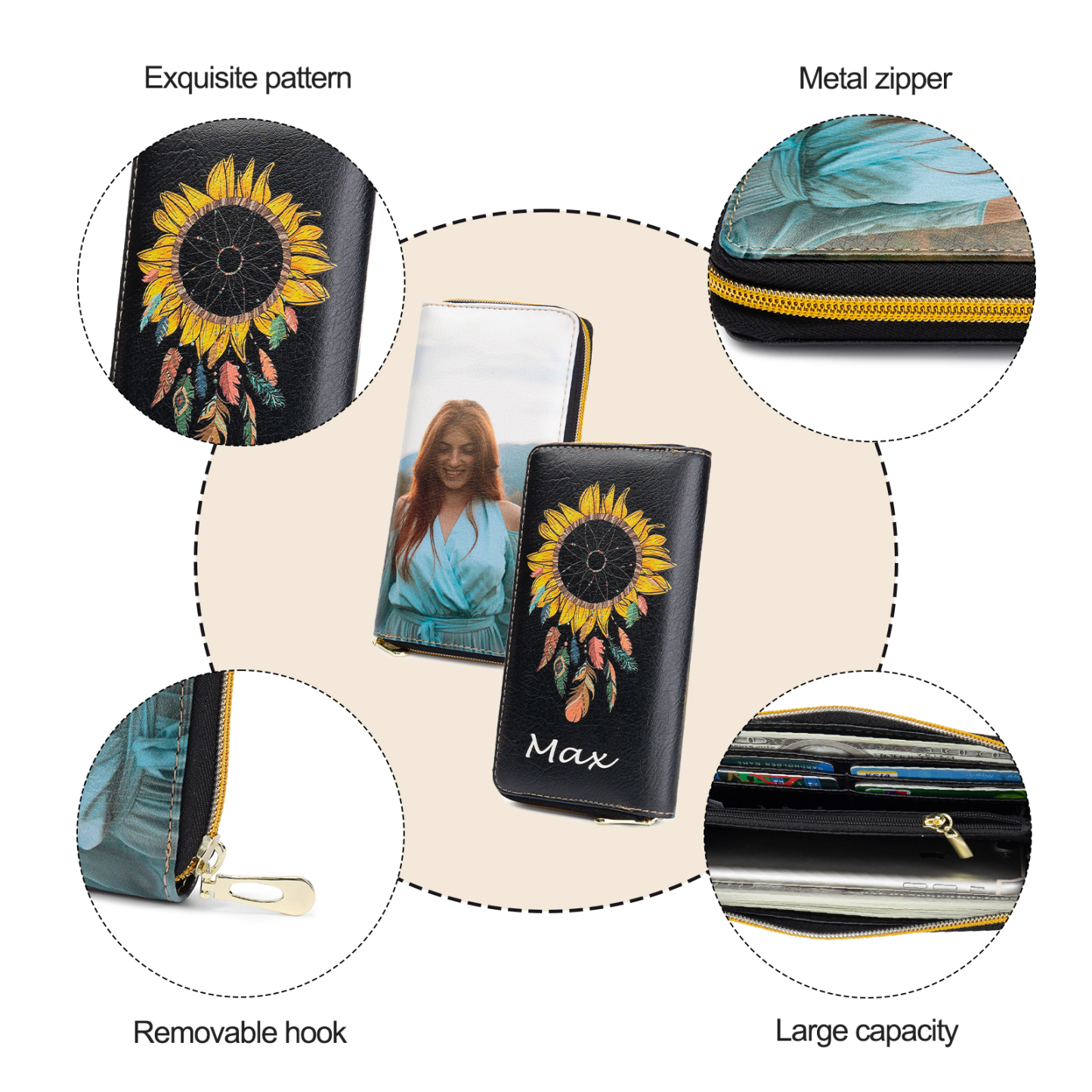 Long Purse Personalised Dream Catcher Leather Wallet Engraved 1 Photo Zip Wallet Gifts for Her-Jessemade AU