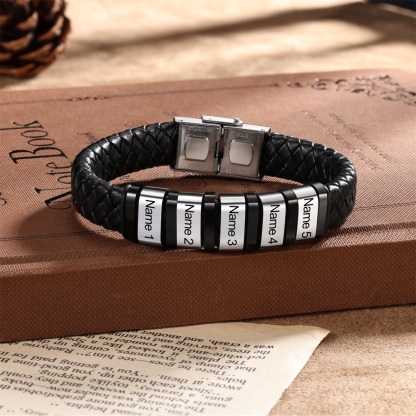 Men Leather Braided Bracelet Personalised with 5 Names 5 Beads Gift For Father's Day-Jessemade AU