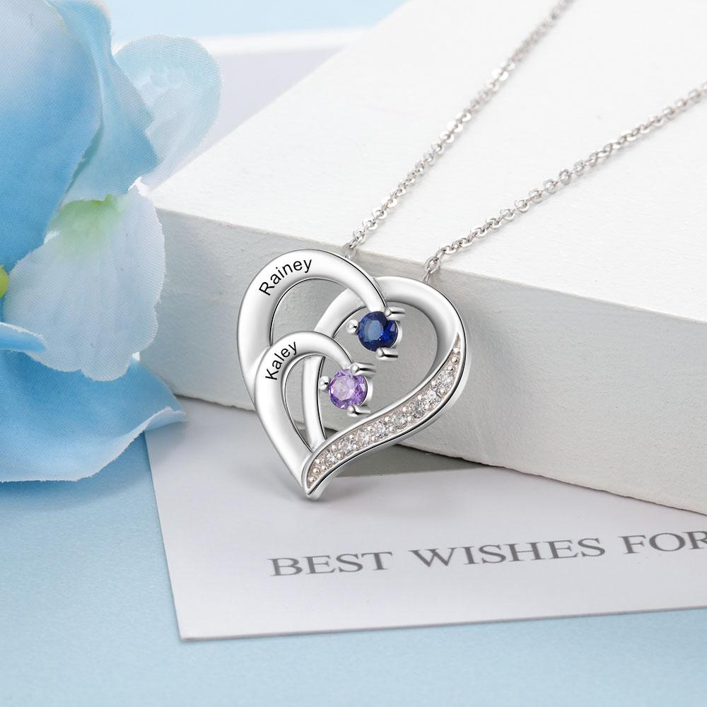 Personalised Mother Necklace Engraved 2 Names 2 Birthstone Intertwined Heart Pendant