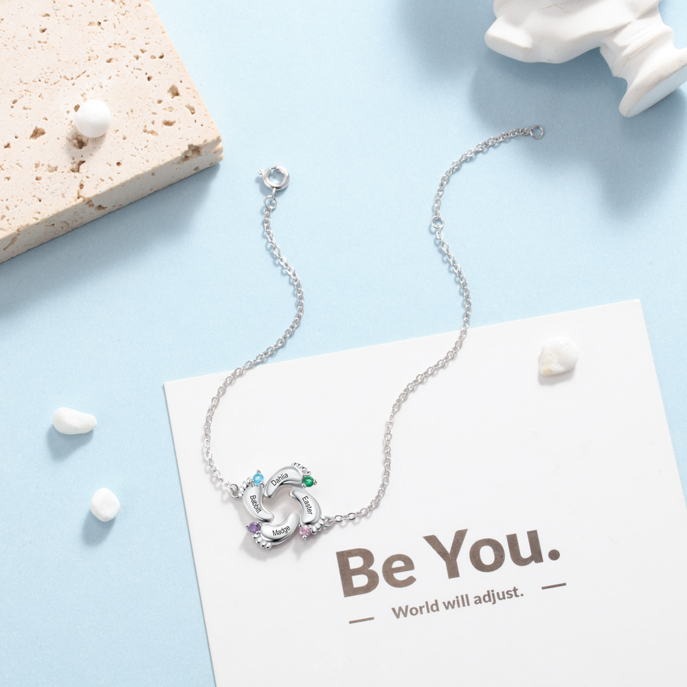 Personalised Baby Foot Necklace With 4 Birthstones Engraved Names Gift For Mother-Jessemade AU