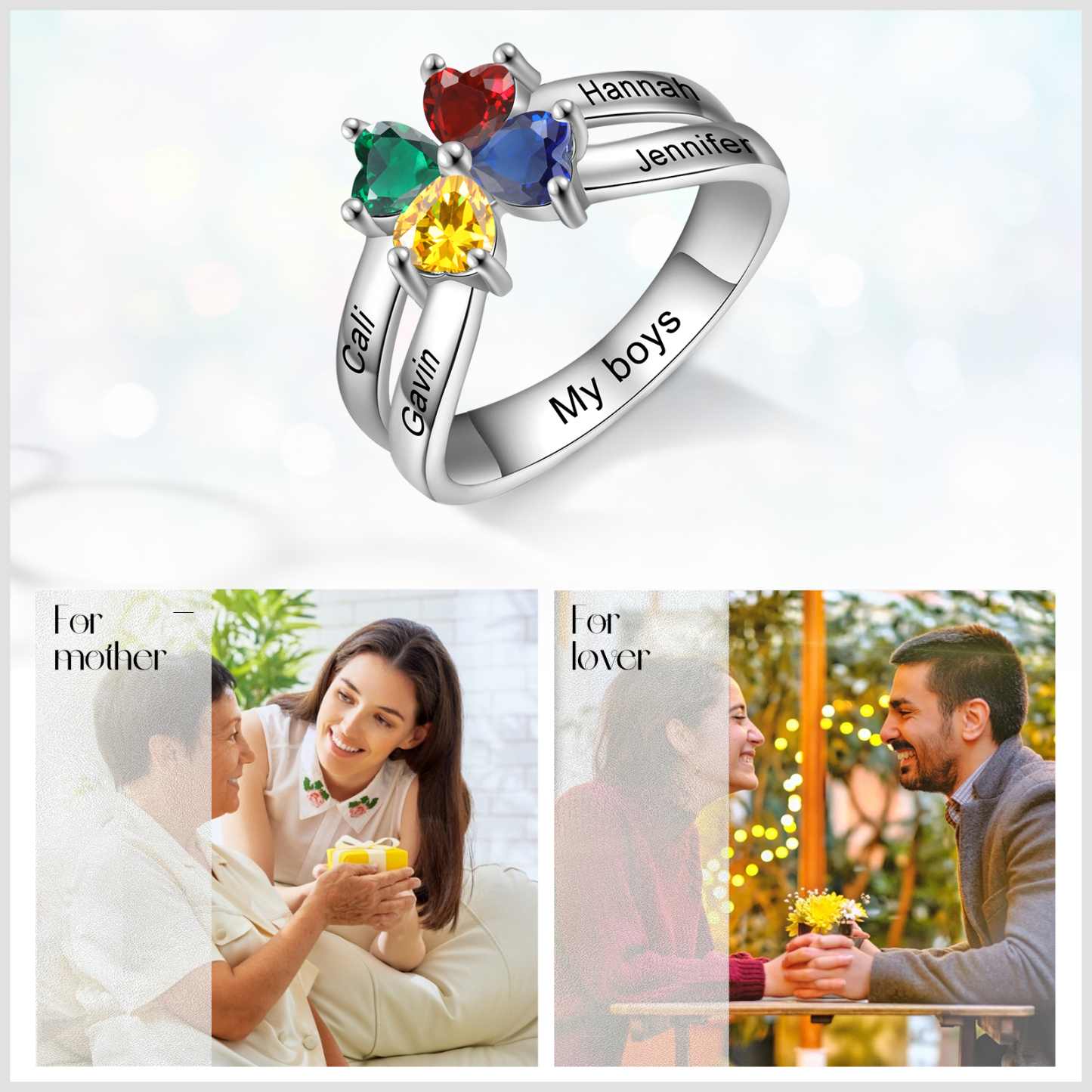 Personalised Ring With 4 Birthstones Engraved Names Ring Best Gift For Women-Jessemade AU