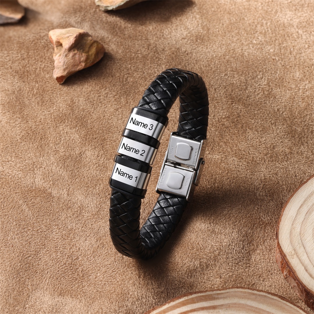 Men Leather Braided Bracelet Personalised with 3 Names Black-Jessemade AU