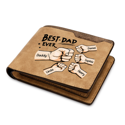 Best Dad Ever - Custom 5 Names & 1 Text Billfold Wallet Personalised Fist Bump Men's Leather Wallet