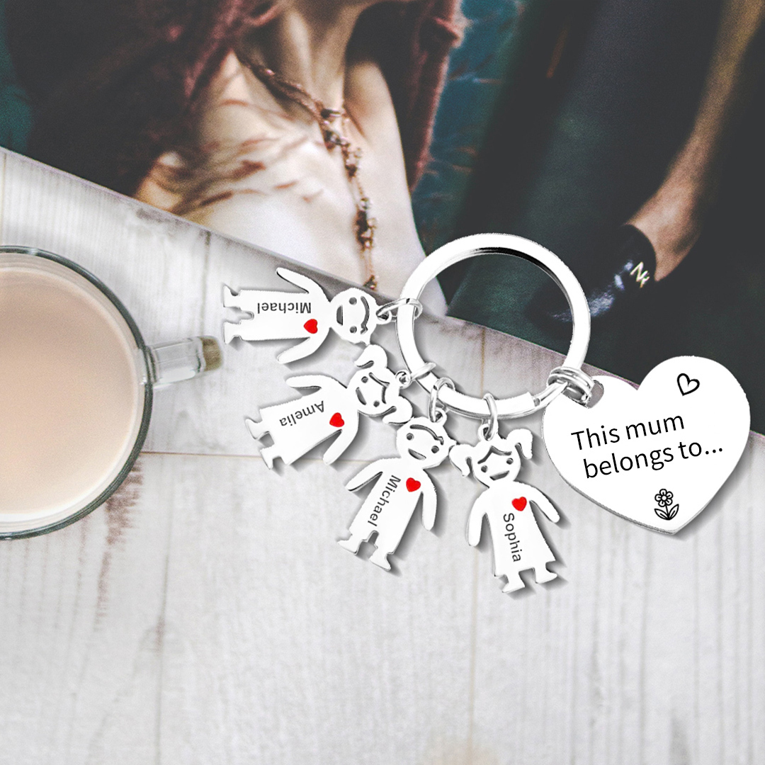 4 Names - Personalised Keychain with Kid Charm Engraved Names Keychain Heart Gift for Nan/Mum-Jessemade AU