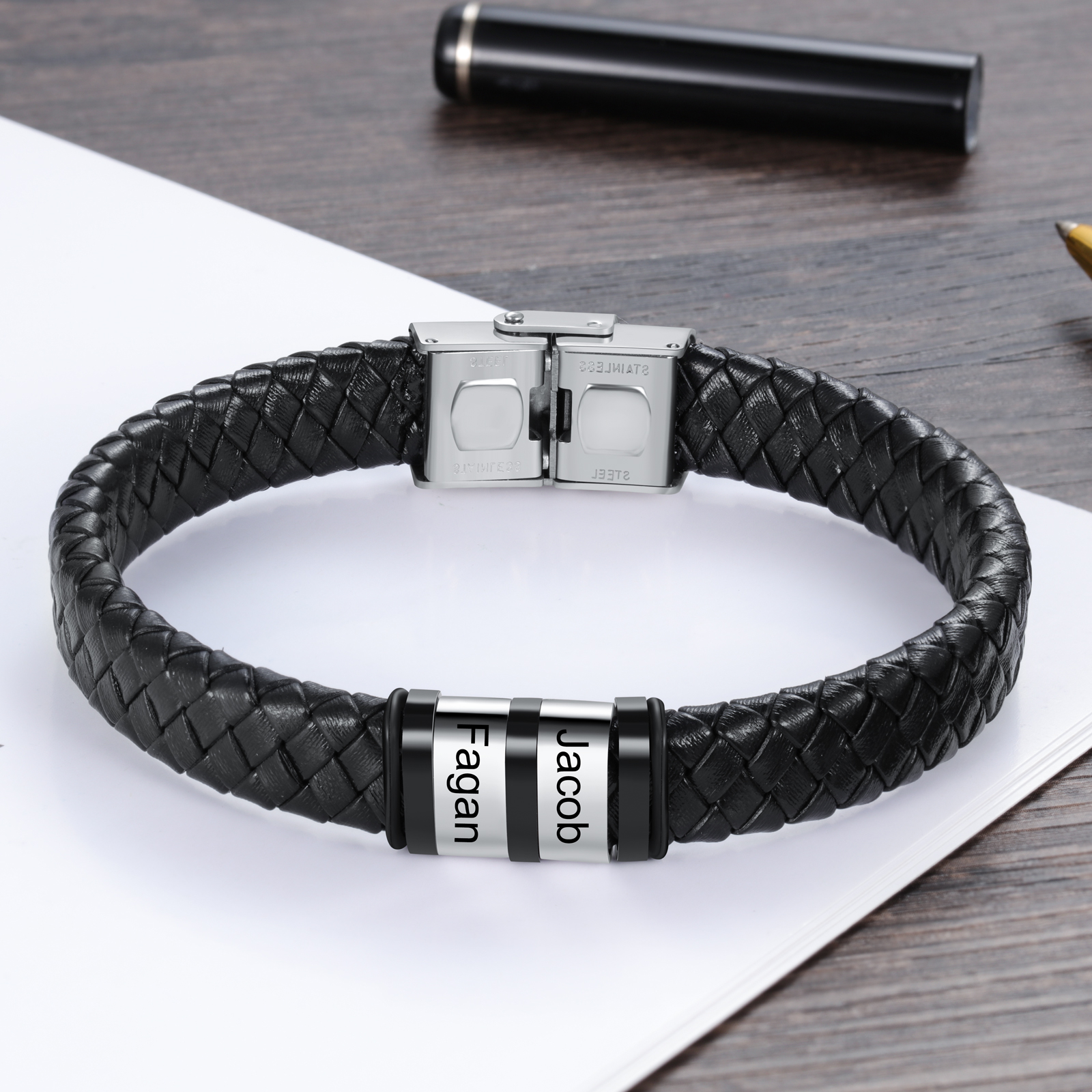 Men Leather Braided Bracelet Personalised with 2 Names Black-Jessemade AU