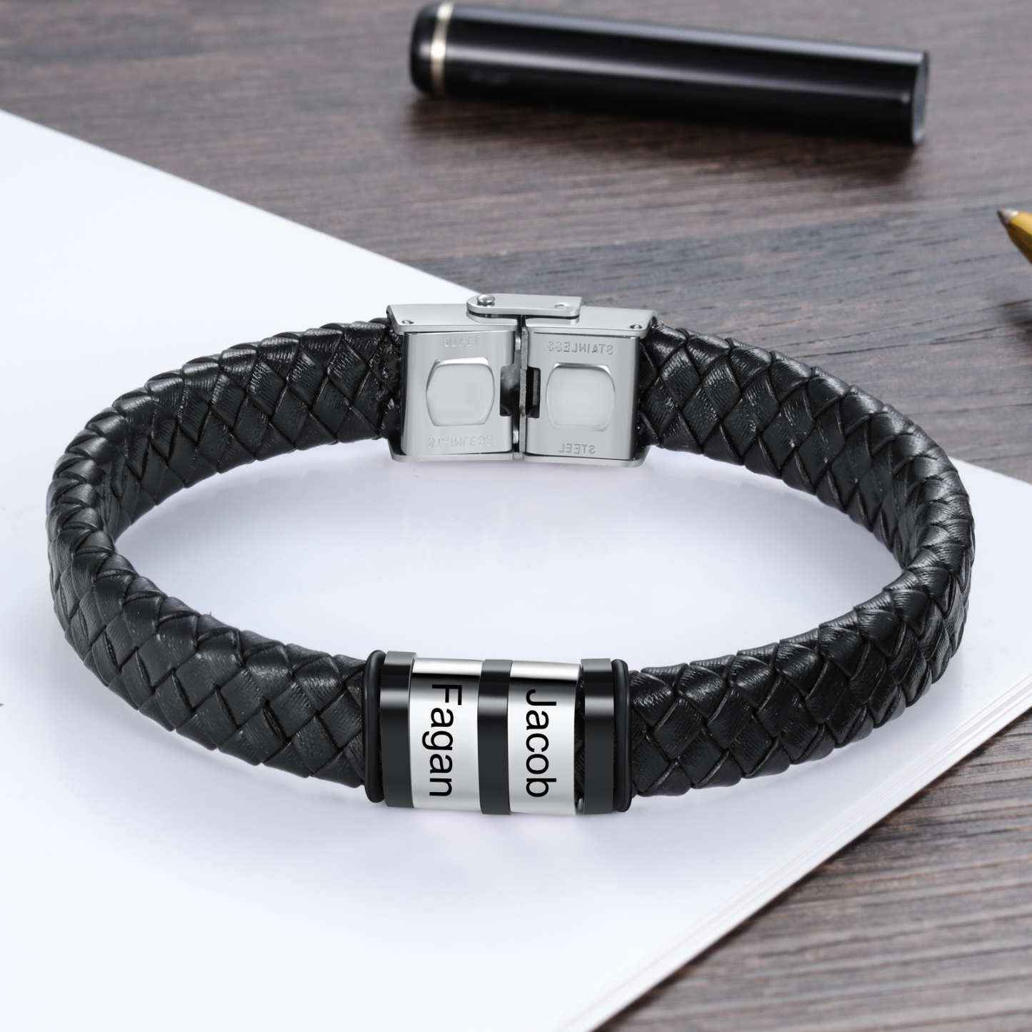 Men Leather Braided Bracelet Personalised with 2 Names Black-Jessemade AU