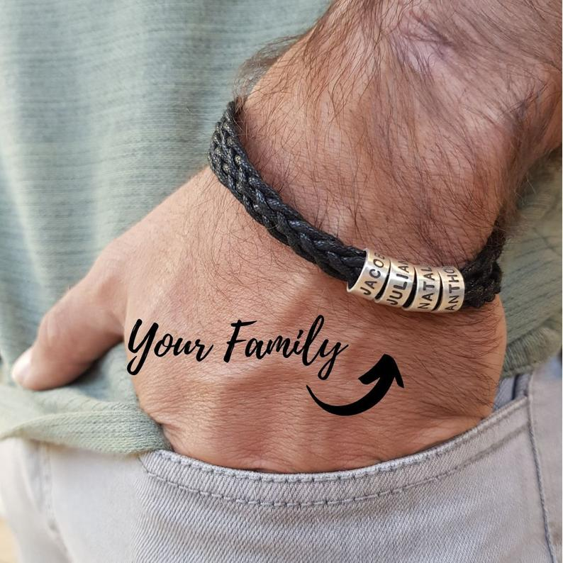 Leather Braided Bracelet Men Bracelets Personalised 3 Names 3 Beads Gift For Dad-Jessemade AU