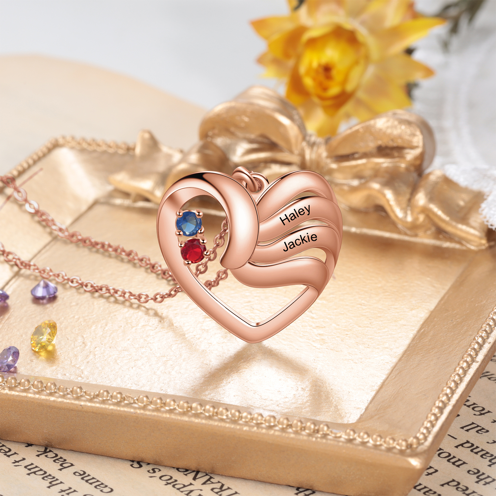 Personalised Heart Necklace With 2 Birthstones Engraved Names Family Necklace Gifts for Her-Jessemade AU