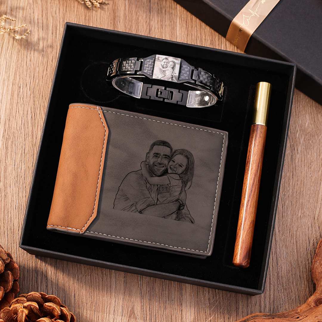 Personalised 2 Photos & 1 Name & 1 Letter Gift Set Custom Wallet & Bracelet & Pen Gift Box Set Gift for Grandpa-Jessemade AU