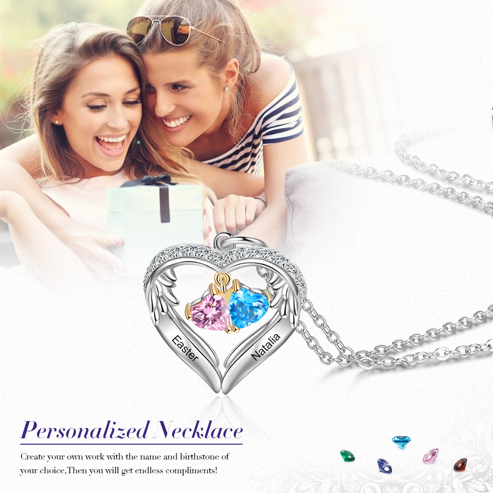 Personalised Wings Necklace With 2 Heart Birthstones Engraved Names Gift For Women-Jessemade AU