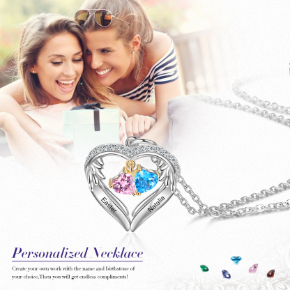 Personalised Wings Necklace With 2 Heart Birthstones Engraved Names Gift For Women-Jessemade AU