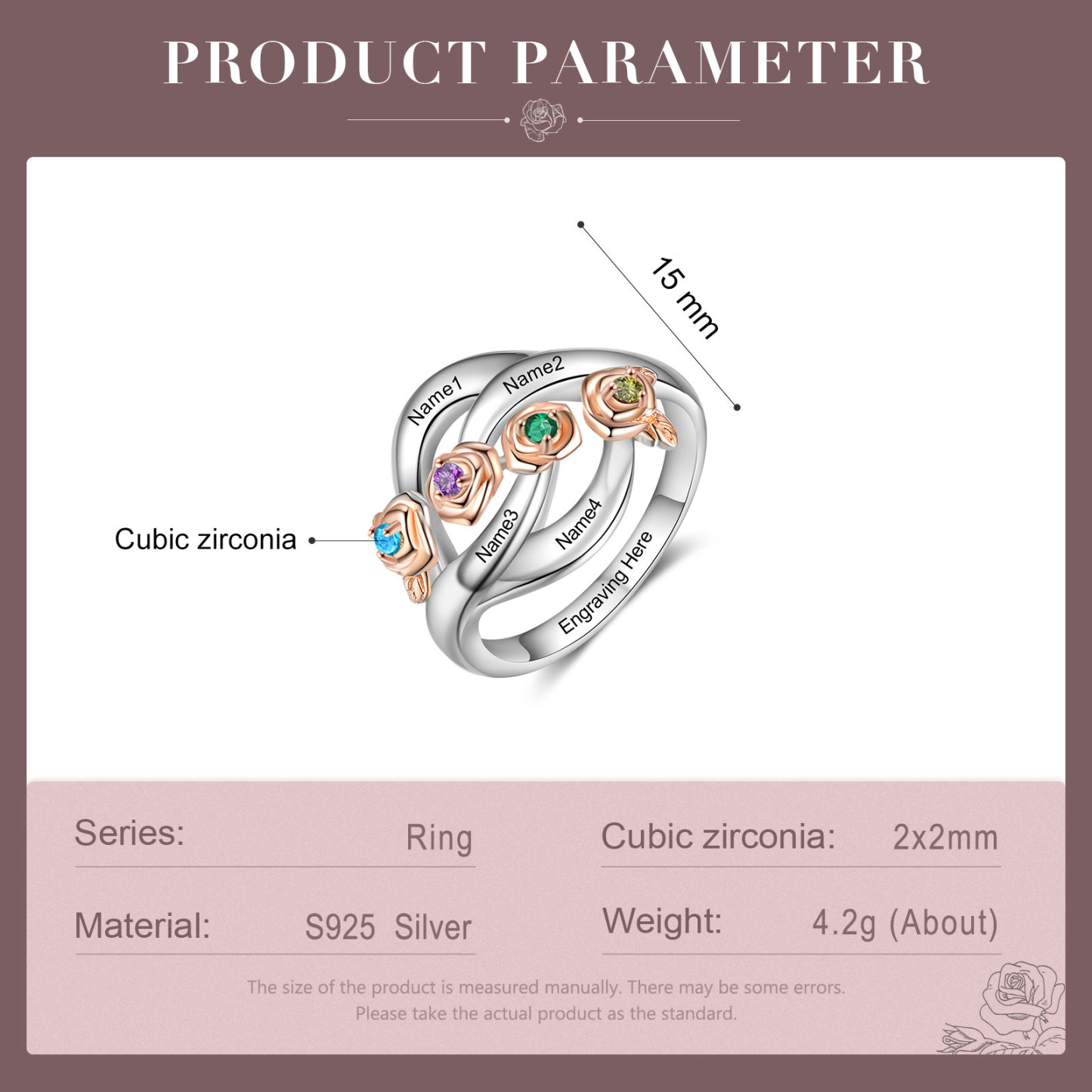 Personalised Rose Ring With 4 Birthstones Engraved Names Ring Gift For Women-Jessemade AU