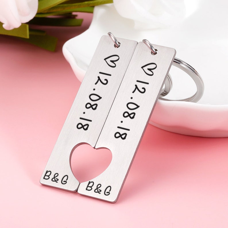 To My Man/My Love Heart Keychain Set Personalised Date Initial Keyring Matching Couple Gifts-Jessemade AU