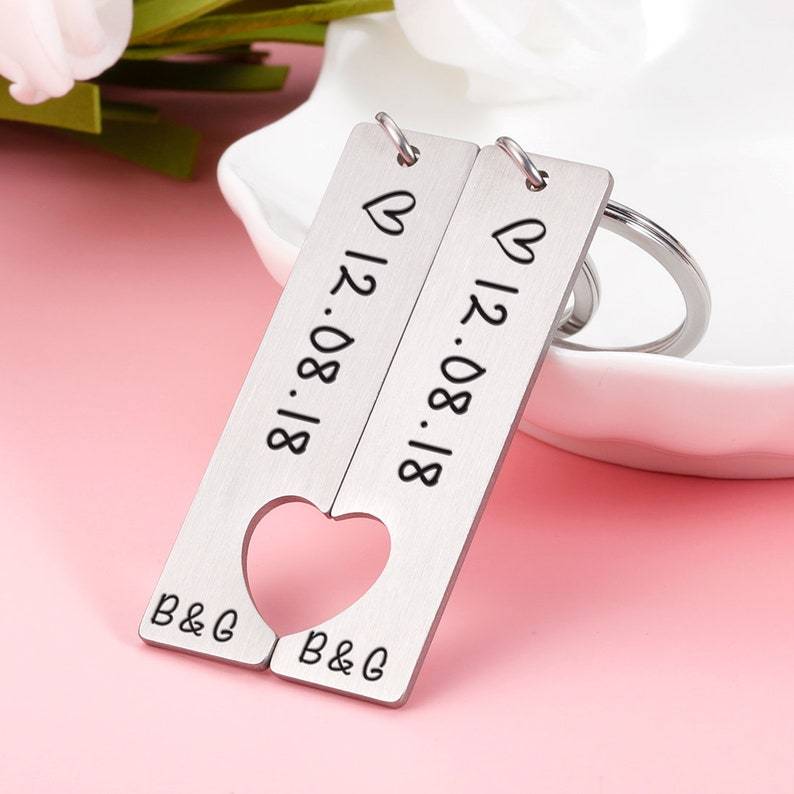 To My Man/My Love Heart Keychain Set Personalised Date Initial Keyring Matching Couple Gifts-Jessemade AU