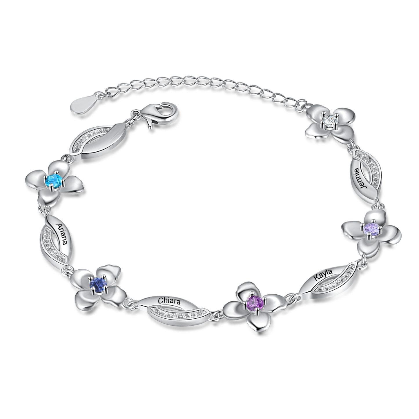 Flowers Bracelet Personalised 4 Birthstone Bracelet Engraved Names Flowers Charm Gifts For Her-Jessemade AU