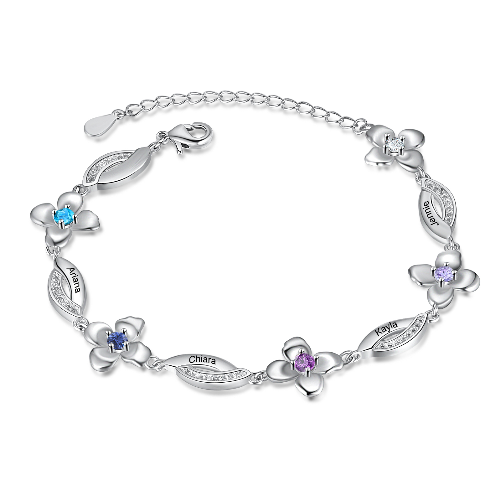 Flowers Bracelet Personalised 4 Birthstone Bracelet Engraved Names Flowers Charm Gifts For Her-Jessemade AU