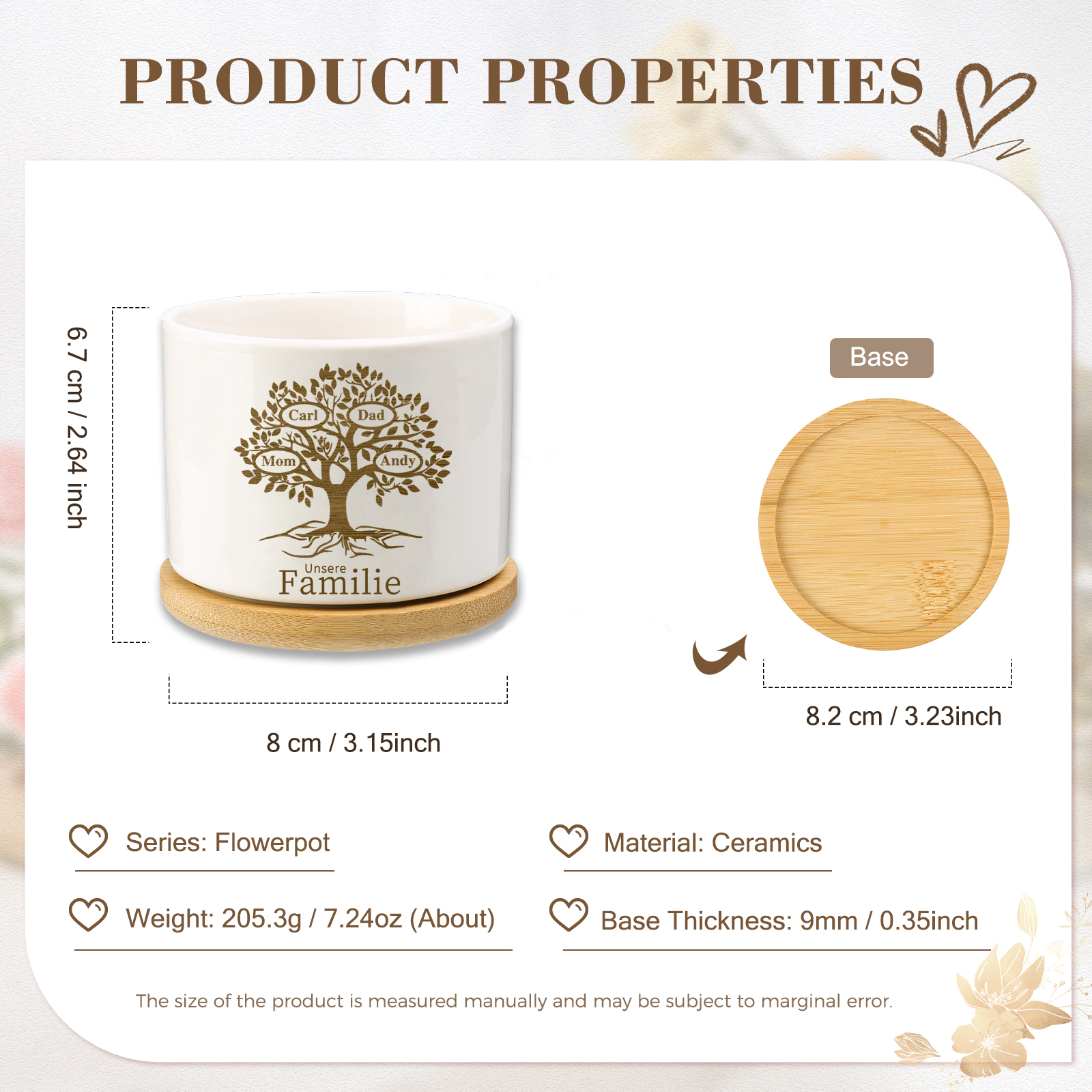 Personalised Ceramic Flowerpot with Wooden Base Custom 4 Names & 1 Text Family Tree Flowerpot Gift for Mum/Nan-Jessemade AU