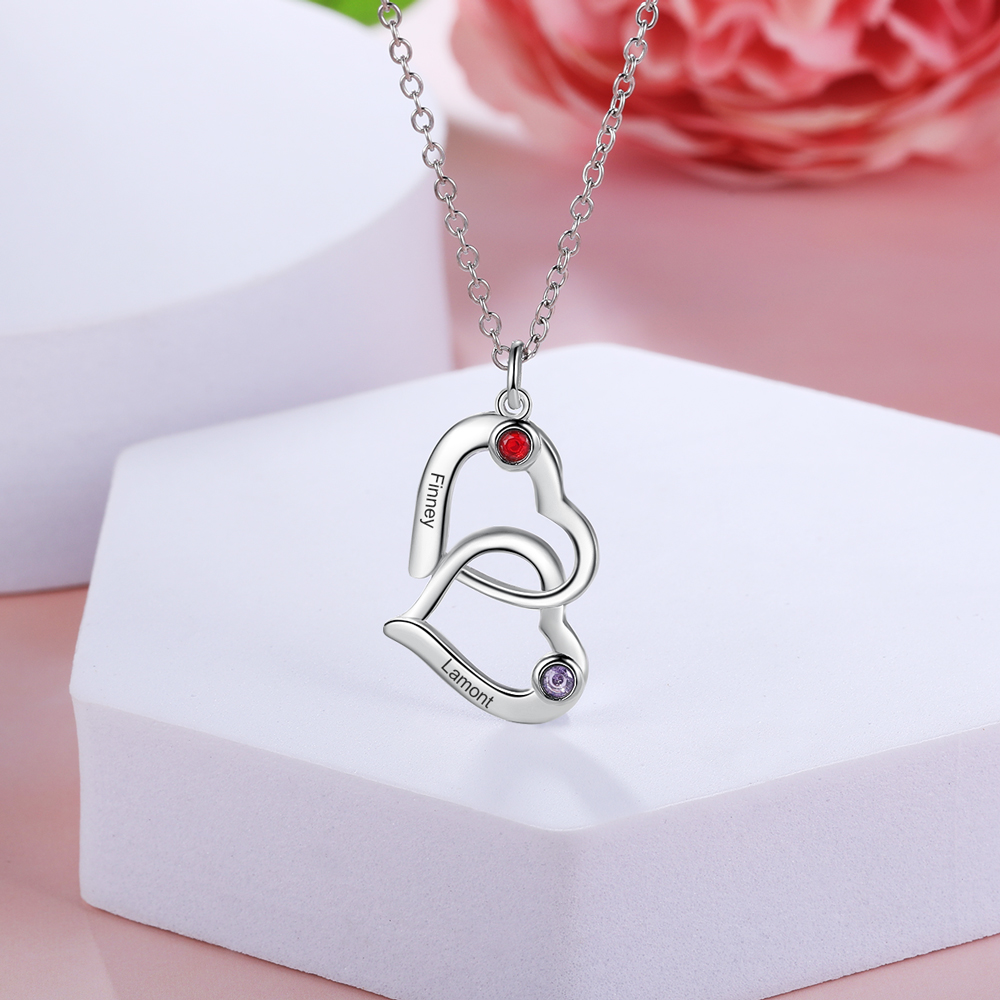 Personalised Heart Necklace With 2 Birthstones Engraved 2 Names Mother Necklace Gifts for Her-Jessemade AU