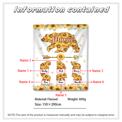 Personalised 6 Names Blanket Sunflowers Bears Family Blanket Mother's Day Gift for Mama-Jessemade AU