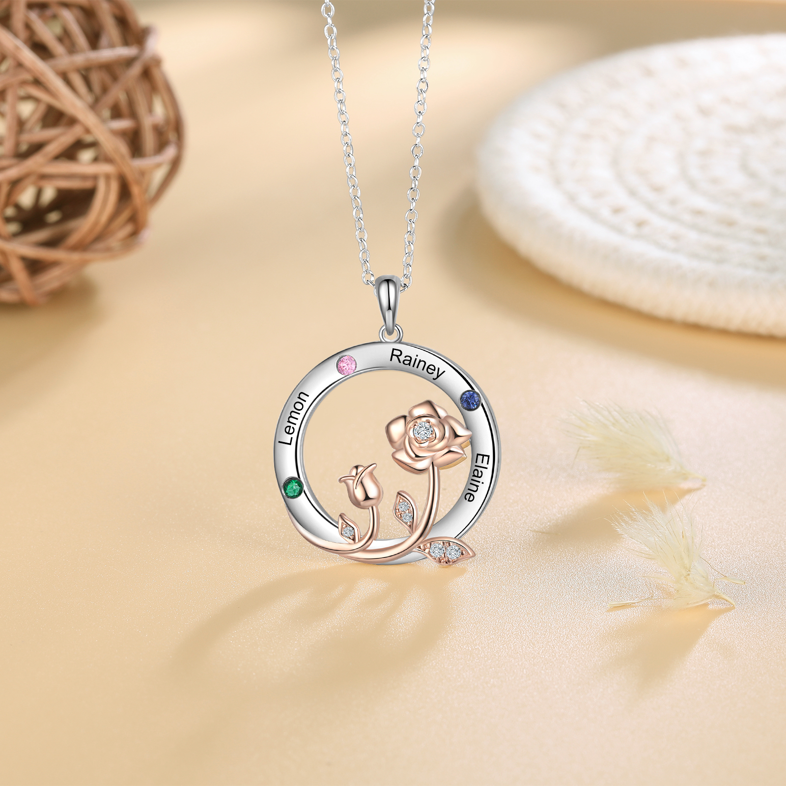 Personalised Rose Flowers Necklace With 3 Birthstones Engraved Names Necklace Gift For Women-Jessemade AU