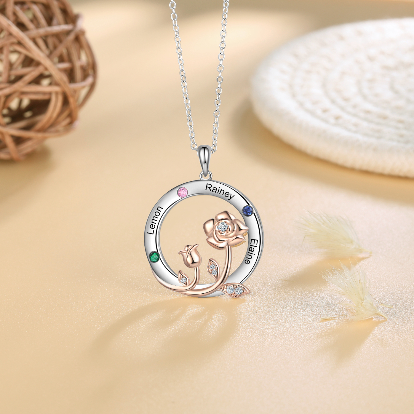 Personalised Rose Flowers Necklace With 3 Birthstones Engraved Names Necklace Gift For Women-Jessemade AU