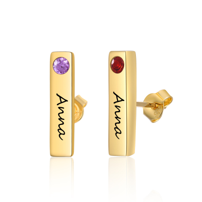 Personalised Bar Earrings Custom 2 Birthstones & 1 Text Earrings Gold Birthday Gift for Her-Jessemade AU