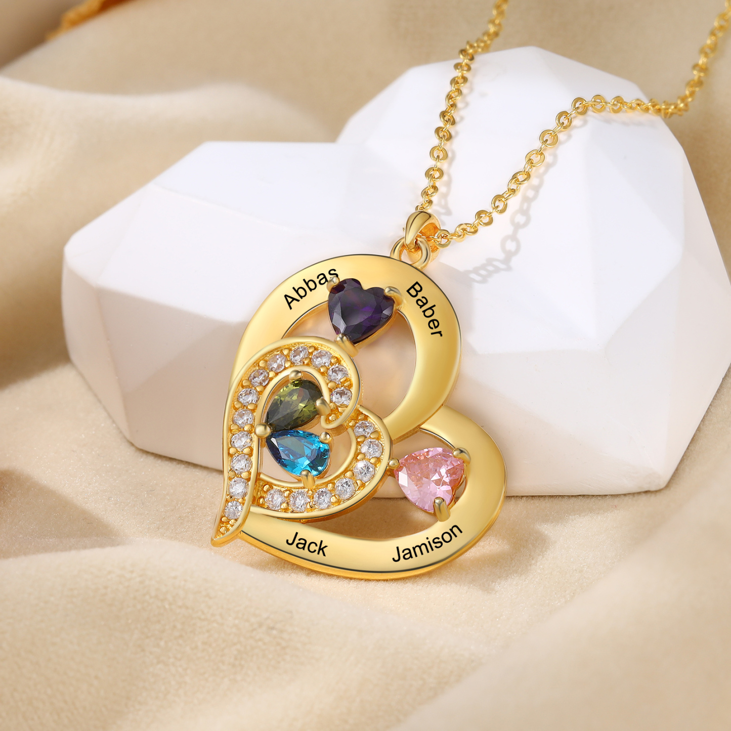 4 Names - Personalised Heart Pendant Necklace Customised Names & Birthstones Necklace Birthday Gift for Her-Jessemade AU