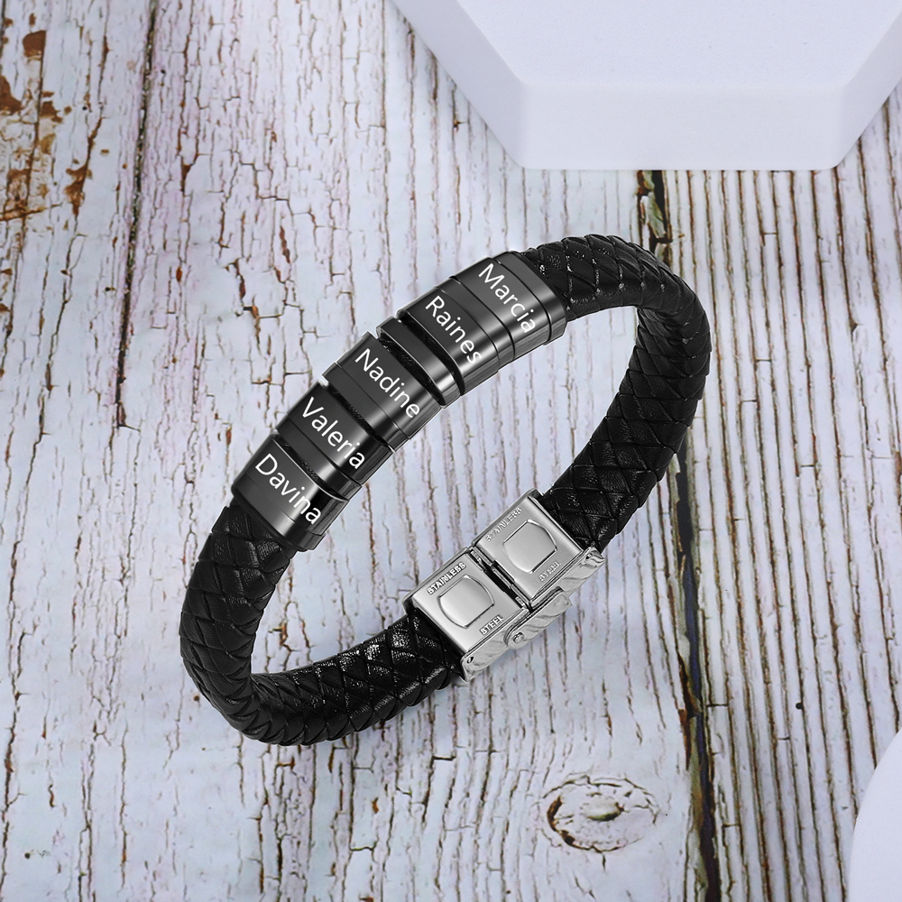 Men Leather Braided Bracelet Personalised with 5 Names 5 Beads Gift For Father's Day-Jessemade AU
