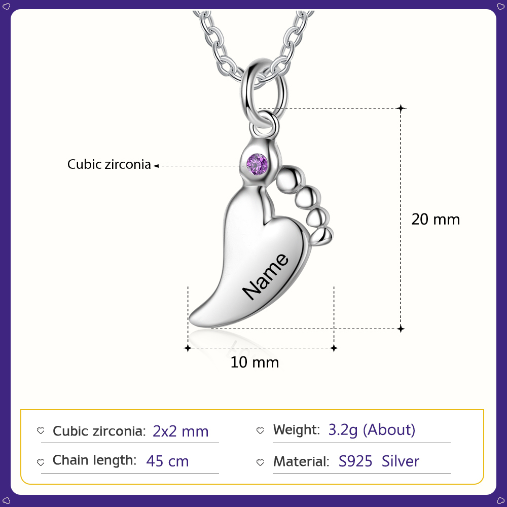 Personalised Baby Foot Necklace With 1 Birthstone Engraved Names Gift For Women-Jessemade AU