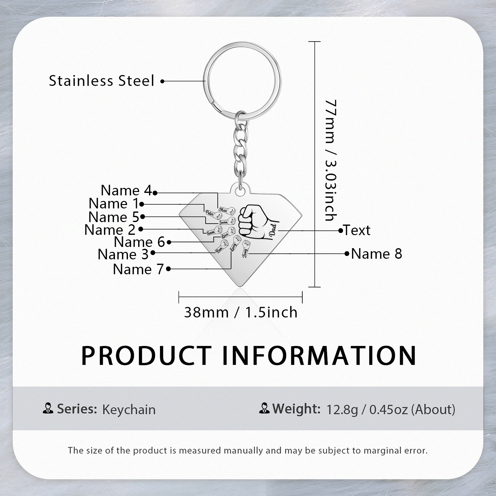 Personalised 8 Names & 1 Text Fist Bump Keychain Engraved Kids Names Keychain Gifts for Grandpa/Dad-Jessemade AU