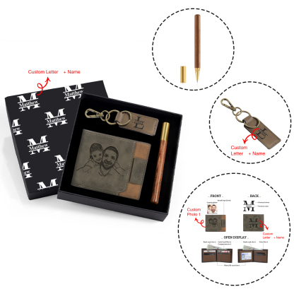 Personalised 1 Photo & 3 Names & 3 Letters Gift Set Custom Wallet & Keychain & Pen Gift Box Set Father’s Day Gift for Him-Jessemade AU