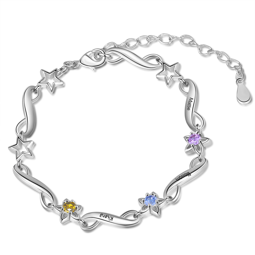 Personalised Star Bracelet With 3 Birthstones Engraved Names Bracelet Gift For Women-Jessemade AU