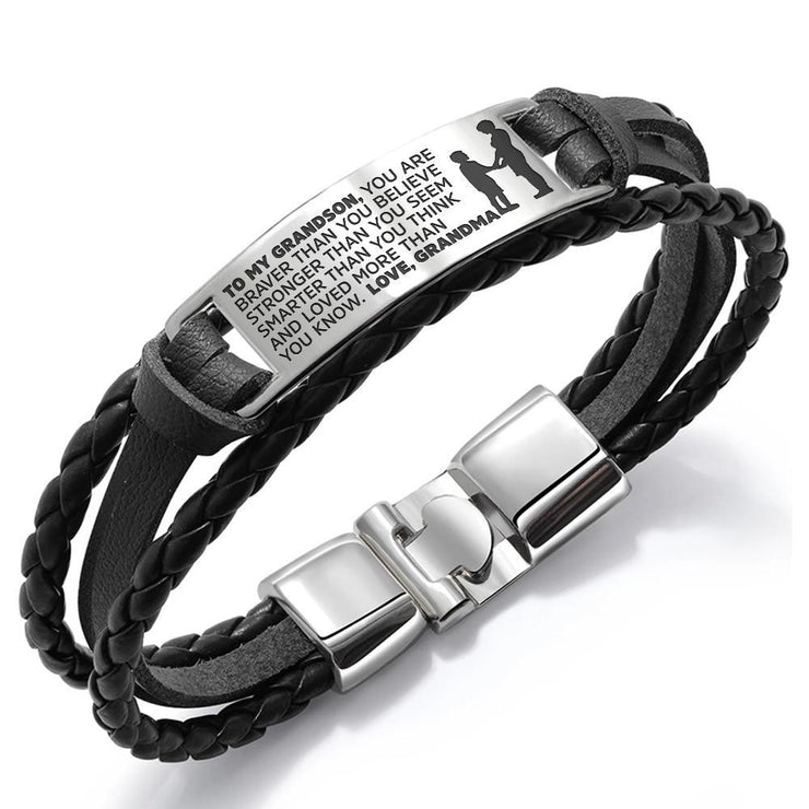 To My Son/Grandson, Leather Braided Men's Bracelet, You Are Braver Than You Believe Inspirational Bracelet Gifts For Him-Jessemade AU
