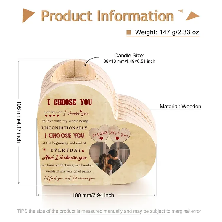 Personalised Couple Heart Candle Holder I Choose You Wooden Candlesticks Valentines Gift-Jessemade AU