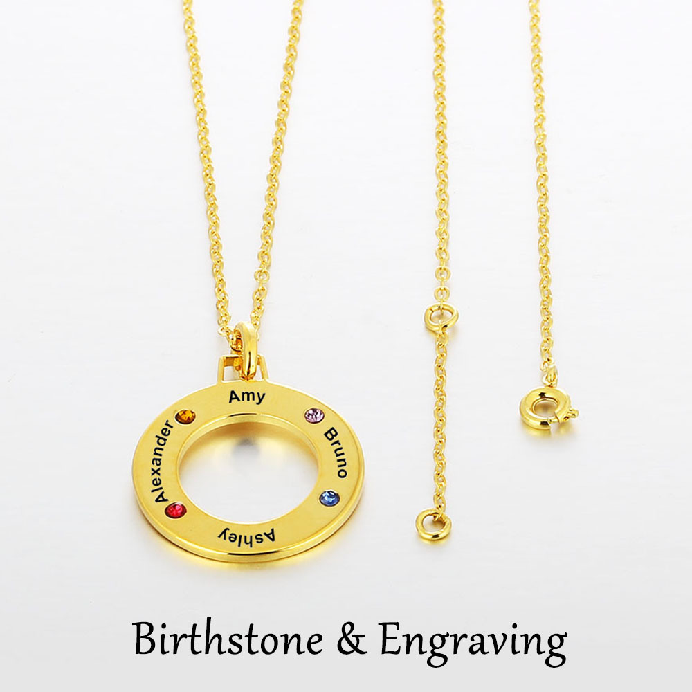 Personalised Circle Necklace With 3 Birthstones Engraved Names Gift For Her-Jessemade AU