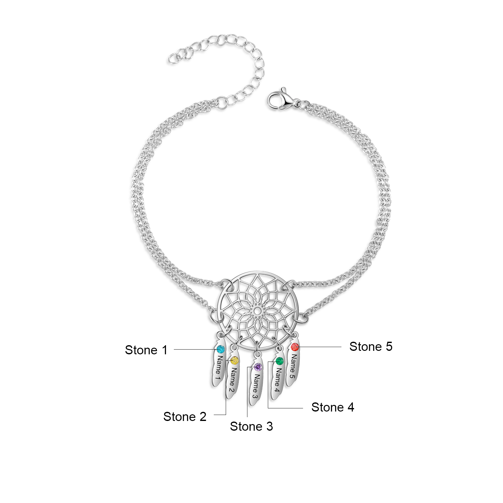 Personalised Dream Catcher Necklace With 5 Birthstones Engraved Names Gift For Women-Jessemade AU