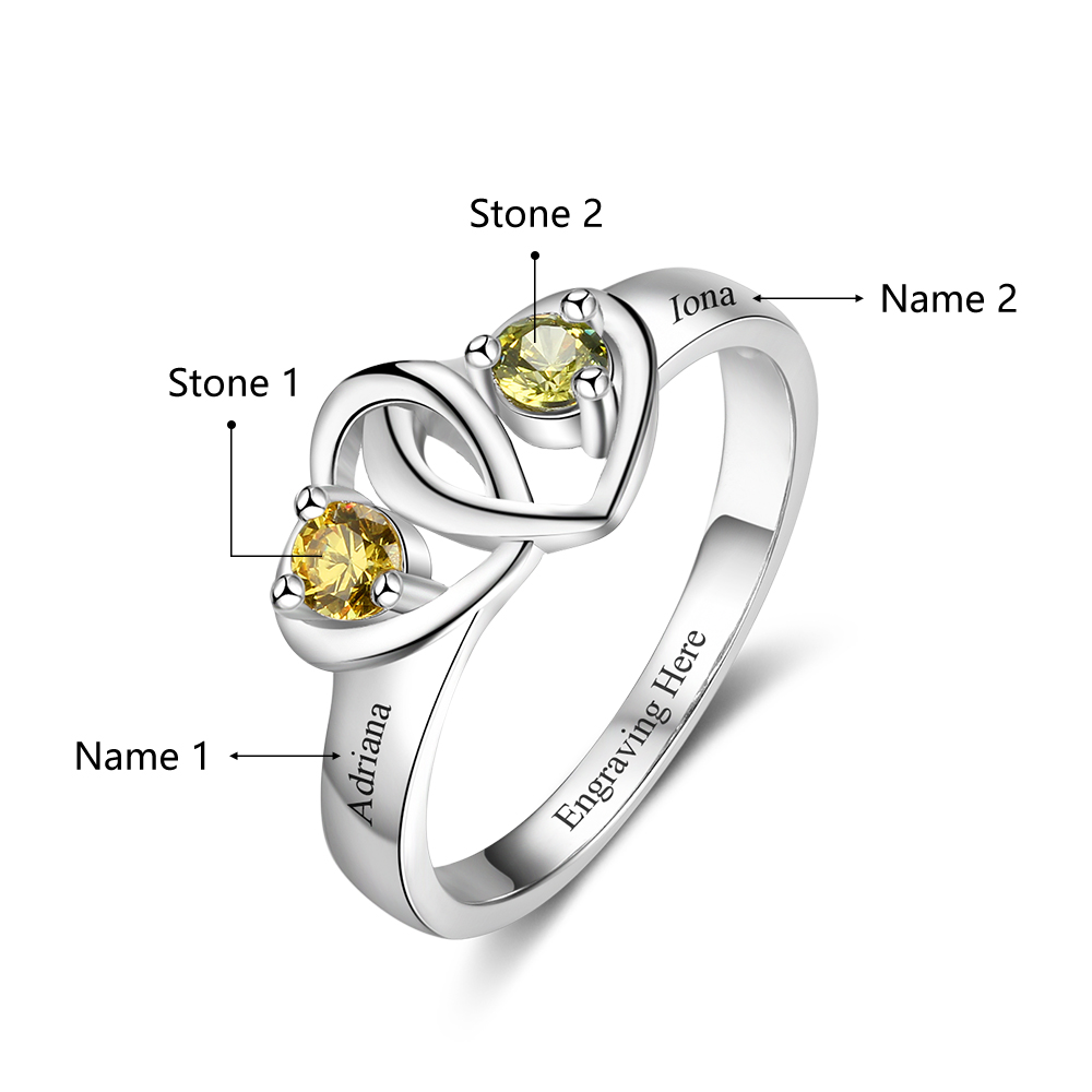 Promise Ring Personalised with 2 Hearts Birthstones Ring Engraved 2 Names Gifts for Her-Jessemade AU