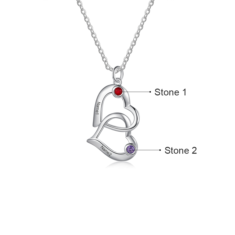 Personalised Heart Necklace With 2 Birthstones Engraved 2 Names Mother Necklace Gifts for Her-Jessemade AU
