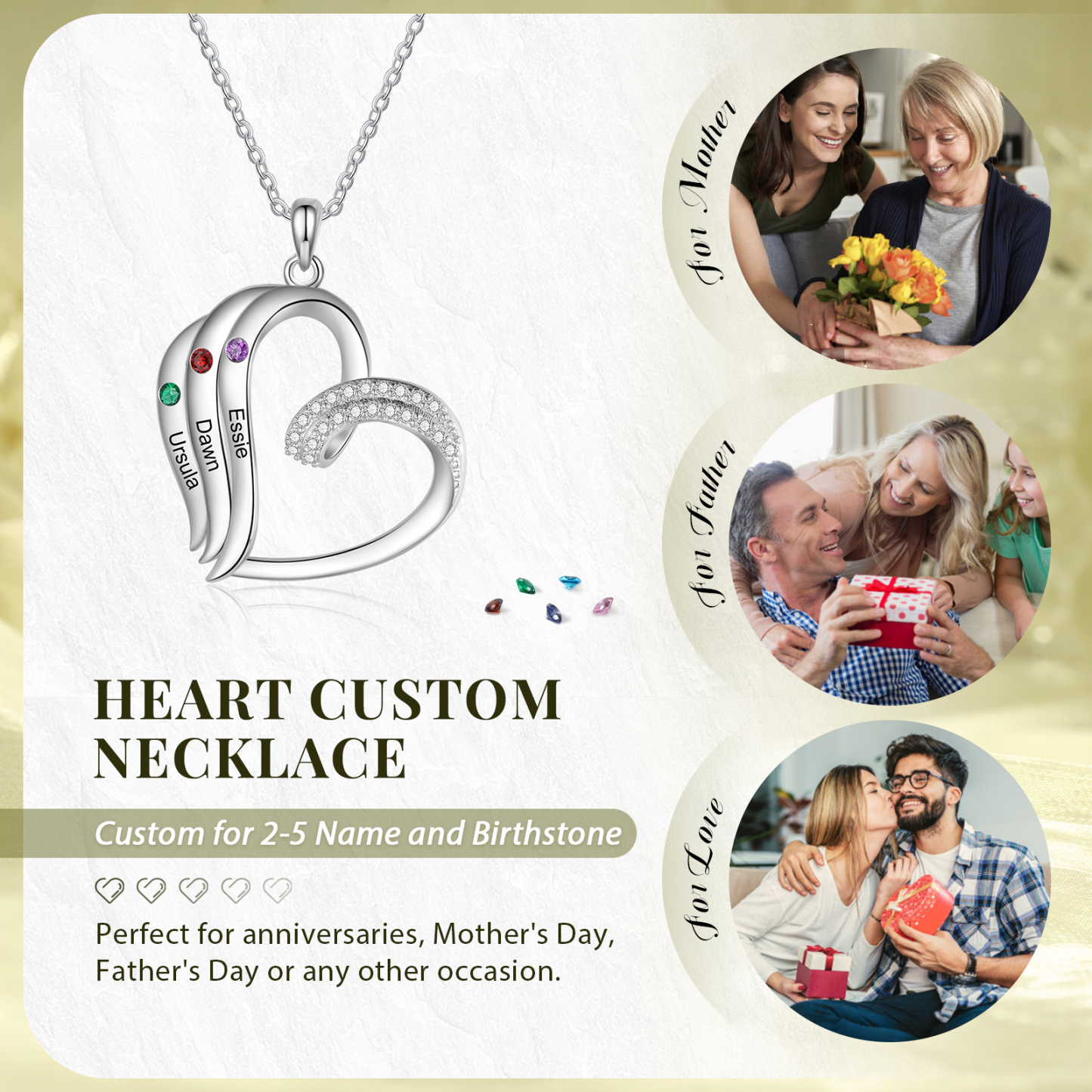 Personalised Heart Pendant Necklace Custom 3 Birthstones Engraved 3 Names Necklace Gift for Her-Jessemade AU